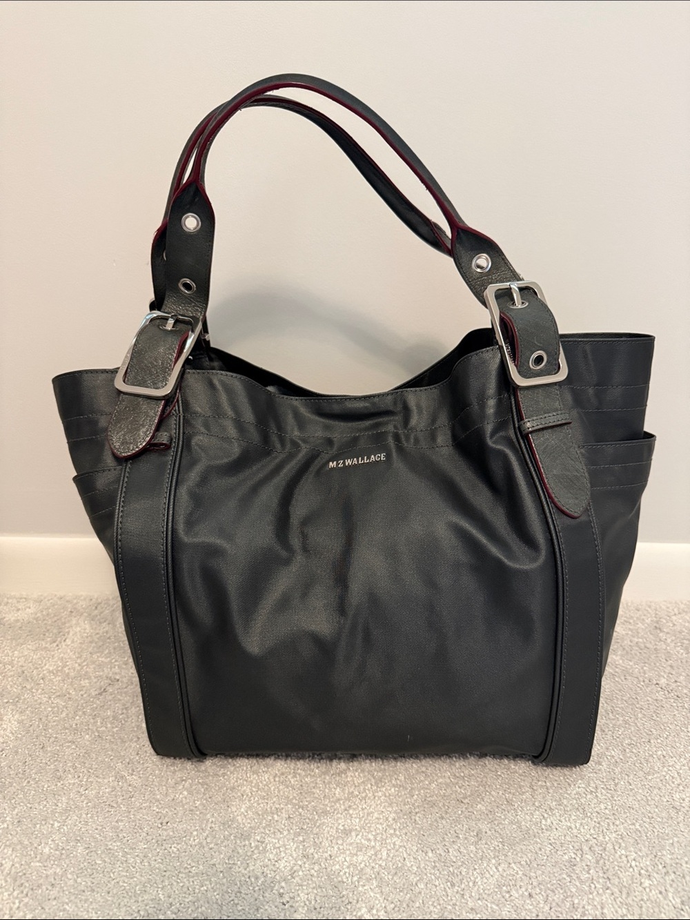 MZ Wallace Metallic Black Tote with Red-Trim Handles